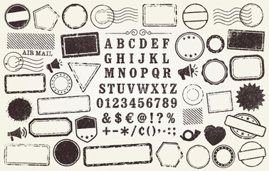 Retro Grunge postage Stamps frames vector shape set with letters. Black text postal round and square empty stamp border pack. Blank post Stamp template grunge ink rubber labels collection. Vector