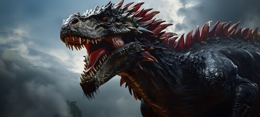 A haunted gothic Spinosaurus perched on a wind-swept hill art, generative ai