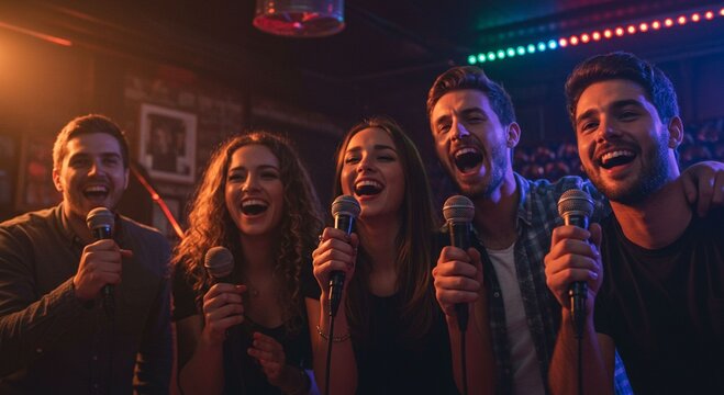 Friends singing karaoke in bar - Powered by Adobe