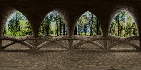 Stone arch HDRI with gothic openings overlooking lush green forest in daylight.