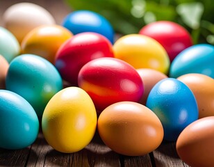 Colorful Easter eggs on rustic wood