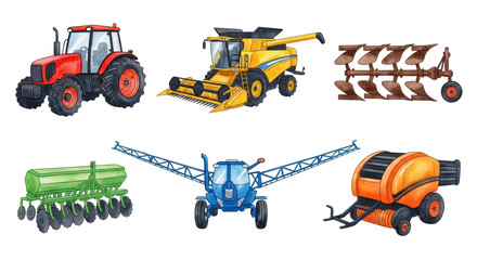 A comprehensive set of essential farm vehicles and agricultural equipment, including a tractor, combine, plow, seed drill, crop sprayer, and hay baler.