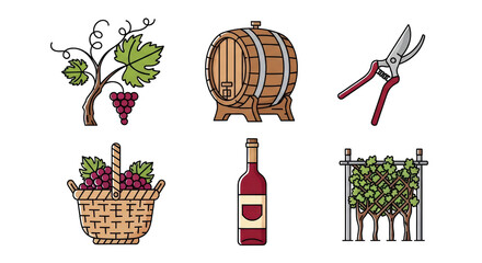 A collection of colorful icons illustrating the winemaking process, from grape cultivation and harvest to fermentation and bottling. Ideal for educational or commercial use.