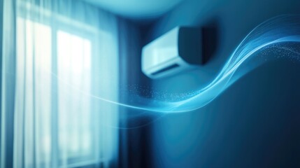 Blue waves of fresh clean air in the apartment. Air conditioner. Fresh scent and air filtration effect.