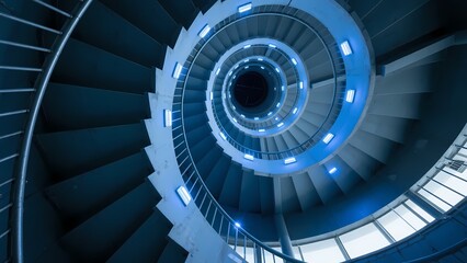 Spiral staircase with architectural lighting, showcasing spatial aesthetic scene.