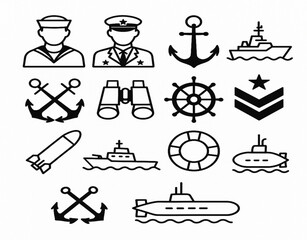 Minimalist Navy Icons – Military and Maritime Line Vector Set © danny