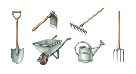 An illustration of classic gardening tools including a shovel, hoe, rake, wheelbarrow, watering can, and pitchfork, ideal for horticulture and outdoor work.
