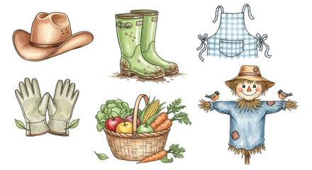Hand drawn watercolor illustrations of farm and garden items, scarecrow, wellington boots, cowboy hat, gloves, apron, and a basket of fresh vegetables.