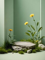 Yellow Wildflowers Growing Among Rocks – Minimal Nature Scene with Soft Green Backdrop