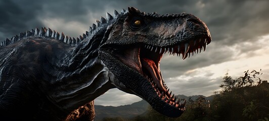 A haunted gothic Spinosaurus perched on a wind-swept hill art, generative ai