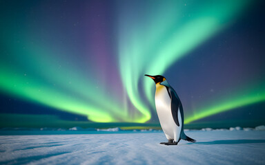 Fototapeta premium Majestic Emperor Penguin Under a Stunning Aurora Borealis Display. AI Generated 