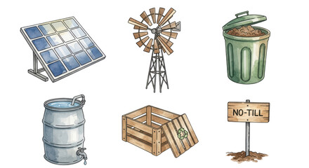 Hand drawn icons representing sustainable farming practices and renewable energy sources, including solar panel, windmill, compost, and rain barrel.