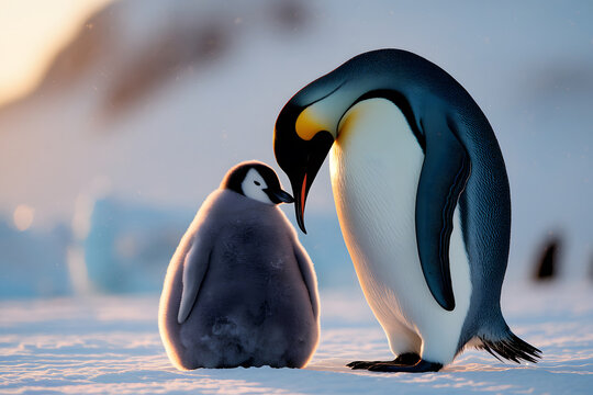 Emperor Penguin Parent and Chick in Arctic Sunrise. AI Generated