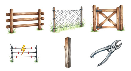 Detailed illustrations of farm fencing components including wooden rail fence, chain link, electric fence, gate, post, and pliers for rural designs.