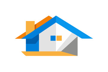 Modern geometric house icon with blue and orange accents on black background