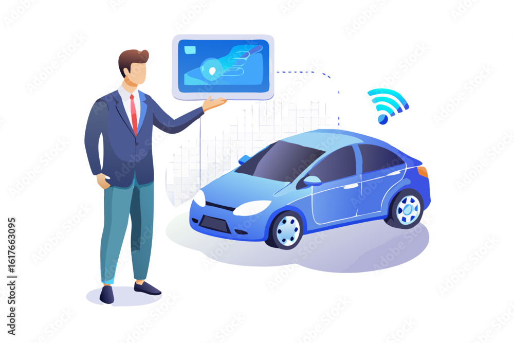 Poster man presenting smart car technology with digital interface and wireless connection