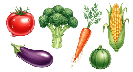 An appealing group of fresh, colorful vegetables perfect for promoting healthy eating, cooking, or grocery themes. Features tomato, broccoli, carrot, corn, eggplant, and squash.