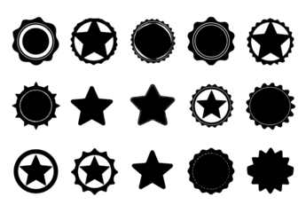 Grid of simple, white star and circle shapes on black background.  Various styles and outlines