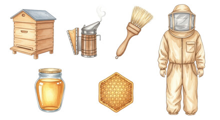 An illustration showcasing essential beekeeping tools and products, including a wooden beehive, bee smoker, brush, protective suit, honey jar, and honeycomb.