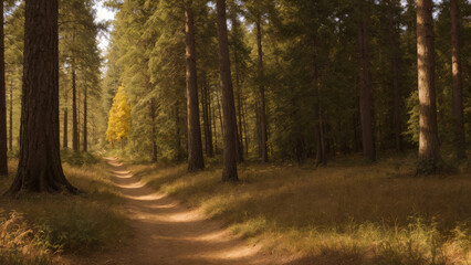 Fototapeta premium Empty walking path in old forest. Warm summer day, sun rays are breaking through treetops and illuminating path into Woods. Copy space for text.