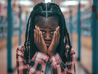 Upset black teenager girl, standing alone in state of depression, covered his face with his hands in the hallway. Bullying at school. Mental disorder. Problems of adolescence, learning difficulties.