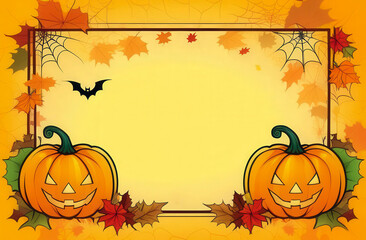 Autumn frame for card with pumpkins, yellow leaves, bats and spider with web. Festive Halloween background. Cartoon illustration. Copy space for text.