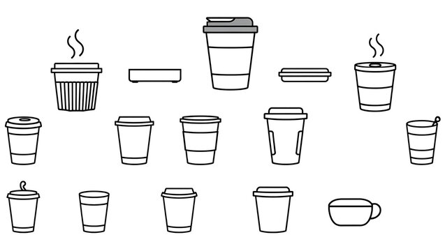 Collection of hand drawn coffee cups and lids