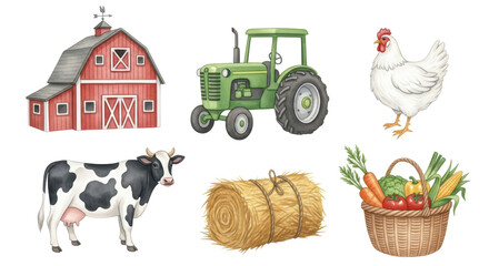A charming collection of watercolor style farm elements including a red barn, green tractor, cow, chicken, hay bale, and a basket of fresh produce, perfect for agricultural themes.