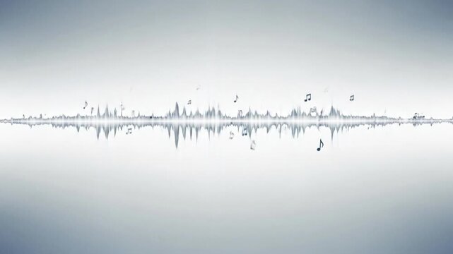 Soundwave Symphony: A mesmerizing visual representation of sound waves and musical notes, evoking a sense of rhythm and harmony, beautifully reflected in a still surface.