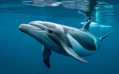 Fototapeta premium Dolphin swimming in clear blue ocean water marine mammal