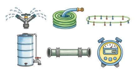 A comprehensive set of garden watering and plumbing equipment, including a sprinkler, coiled hose, water tank, pipe, and a timer, essential for efficient irrigation.