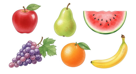 A vibrant assortment of fresh fruits including an apple, pear, watermelon slice, grapes, orange, and banana, ideal for healthy eating.
