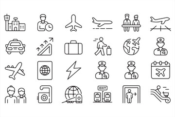 Travel and Vacation Icons in Simple Black Line Style for Web and Apps