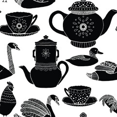 This delightful folk-art pattern combines pastoral charm with cozy tea-time vibes. Rendered in bold black silhouettes against a white background.