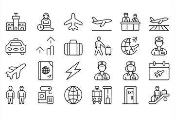 Travel and Transportation Icons Collection in Minimalist Black Line Art

