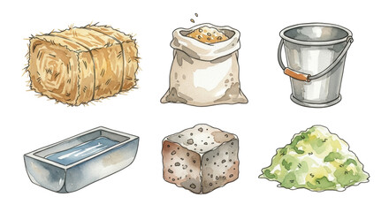 Watercolor illustrations of essential farm animal feed and supplies, including hay, grain, water trough, bucket, mineral block, and green feed. Ideal for agricultural themes.