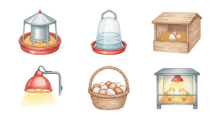 A collection of essential poultry farming equipment and supplies, including a feeder, waterer, nesting box, heat lamp, eggs, and chick brooder, depicted as icons.