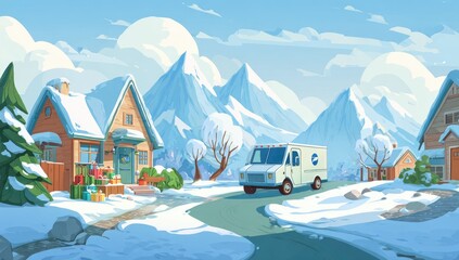 Snowy village Christmas delivery; mountain backdrop