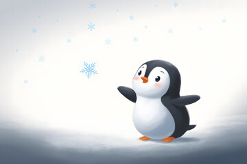 Obraz premium Cute Penguin Observing Falling Snowflakes in Winter Wonderland. AI Generated 