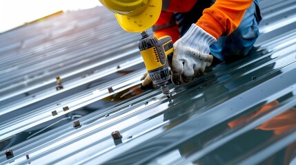 A construction worker is using a hand drill to install metal roofing panels.