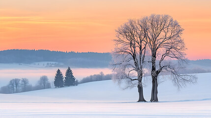Winter sunrise over frosted trees on a snowy landscape.  Misty hills in the distance, soft light