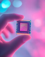 Close-up of Hand Holding Futuristic Processor Chip with Neon Glow, a modern processor chip glowing with neon pink and blue light, symbolizing advanced computing and futuristic technology. with blur