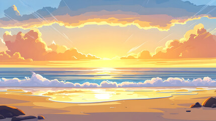 Golden sunset over a tranquil beach.  Sunrise reflecting on the ocean waves, soft clouds, and sandy shore