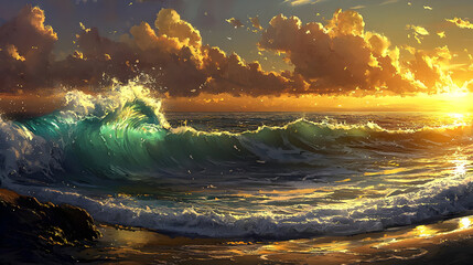 Golden sunset over crashing turquoise waves on a sandy shore.  Dramatic clouds fill the sky