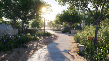 Sun-drenched pathway winds through a landscaped residential area, lined with trees and flowering plants.  Sunlight streams through the trees, casting shadows on the pathway