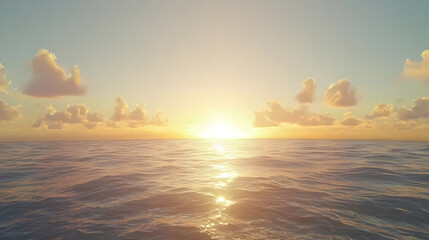 Golden sunset over calm ocean. Soft light bathes the water, clouds dot the sky
