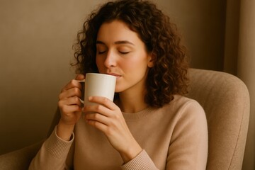 Young woman enjoying a warm cup of coffee or tea in a cozy chair