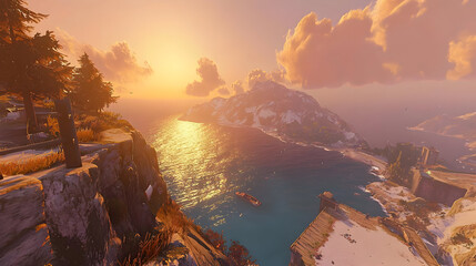 Sunrise over a rugged coastline, with snow-capped mountains in the distance.  A tranquil, scenic vista, with rocky cliffs, lush trees, and a calm body of water