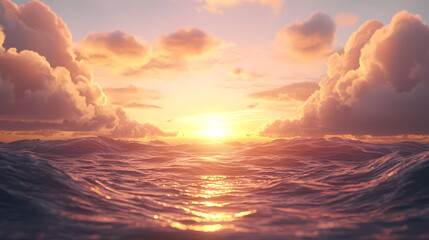 Golden sunset over a rippling sea, with soft clouds.  A serene and peaceful scene