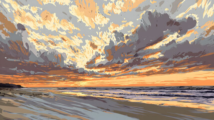 Sunrise over the beach, dramatic clouds.  Vast, colorful sky with fiery orange and pastel clouds, meets the calm ocean at sunrise. Soft sand beach stretches into the water